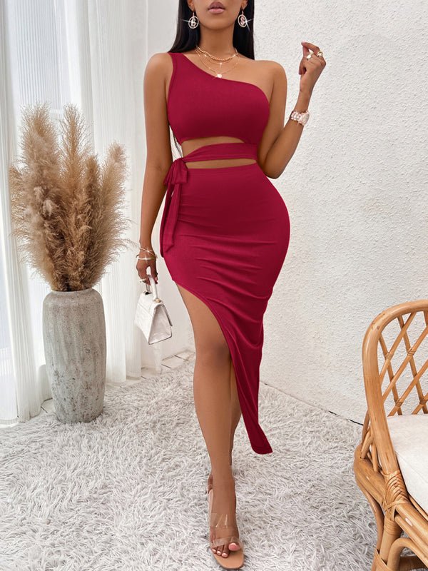 Neck tied waist knitted hip dress - MOUS