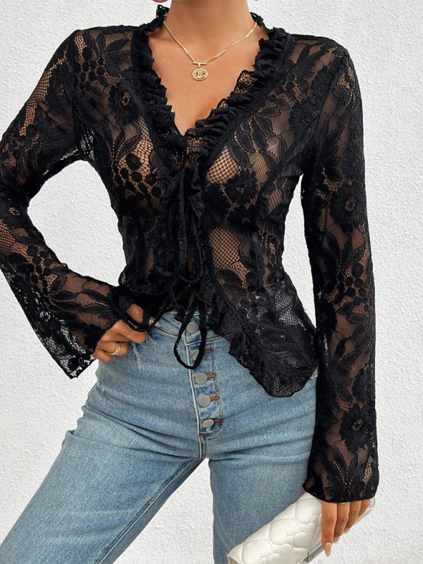 Spring slim long sleeve lace top - MOUS
