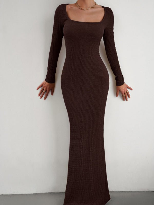 Square Neck Long Sleeve Knitted Dress - MOUS