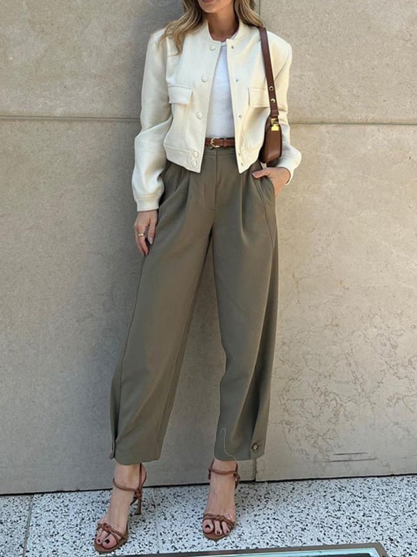 Women's Fashionable Solid Color Loose High Waist Nine - Point Suit Pants - MOUS