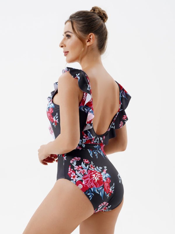 Women's Skinny Backless Floral Print One Piece Swimsuit - MOUS