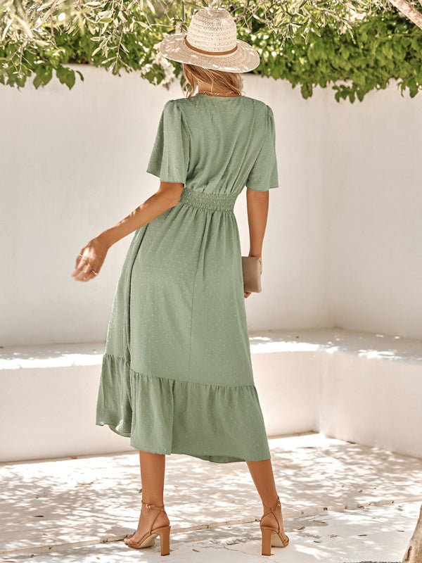 Women's summer new V - neck lotus leaf sleeve solid color dress - MOUS